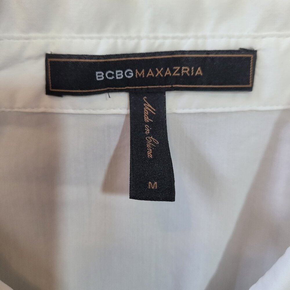 BCBGMaxazria White Poplin Blouse Oversized Puffed Sleeves Pin Tuck Back Sz Med - Picture 4 of 9